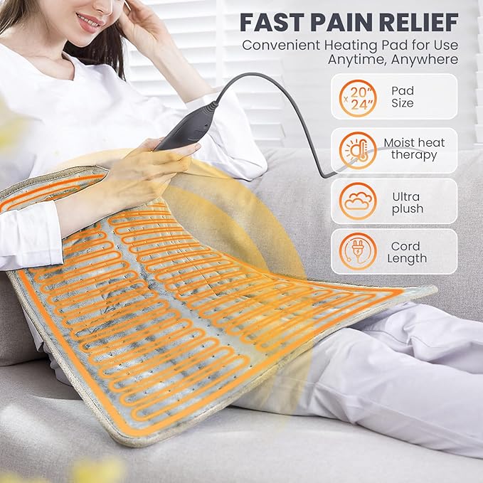 Heating Pad - Electric Heating Pad for Back Pain and Cramps Relief, Moist Heat Pad for Shoulder, Knee, Neck, 6 Heat Settings & Auto Shut Off and Machine Washable, 24" x 20"