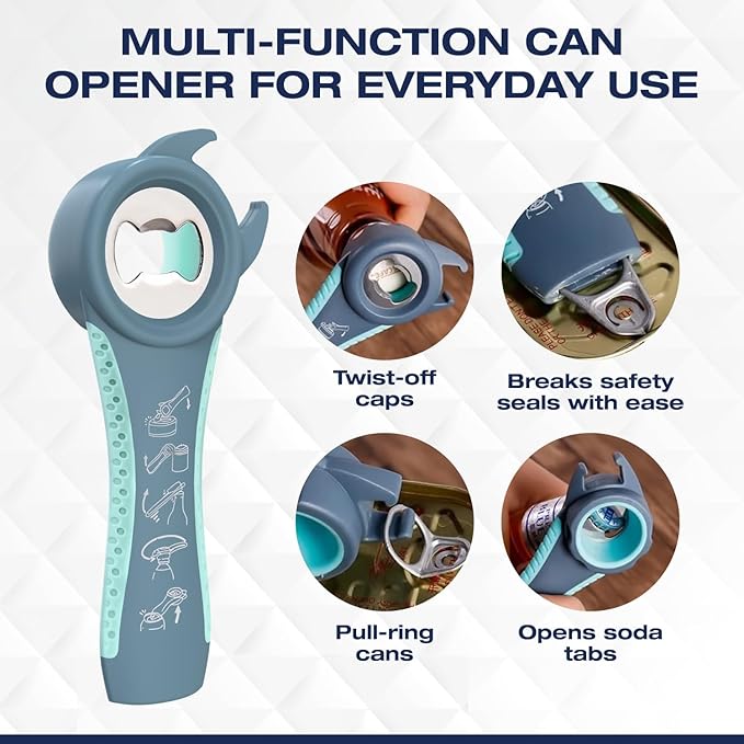 Jar Opener for Weak Hands with 5-in-1 Bottle Opener, Corkscrew Wine Opener, Firm Jar Gripper Pad and 2 Non Slip Rubber Grip Mats, Multifunction Kitchen Tool Set for Seniors, Easy Lid Removal -Blue