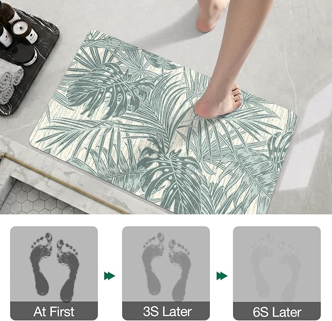 LUMI Ultra Thin Bath Mat, Super Absorbent Quick Dry Bathroom Rugs, Non-Slip Bathroom Mats, Marble Bathmats Fit Under Door, Bathtub, Sink, Shower Room, 24"x36", Teal Blue Leaf