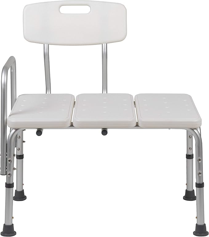 Flash Furniture HERCULES Series 300 Lb. Capacity Adjustable White Bath & Shower Transfer Bench with Back and Side Arm