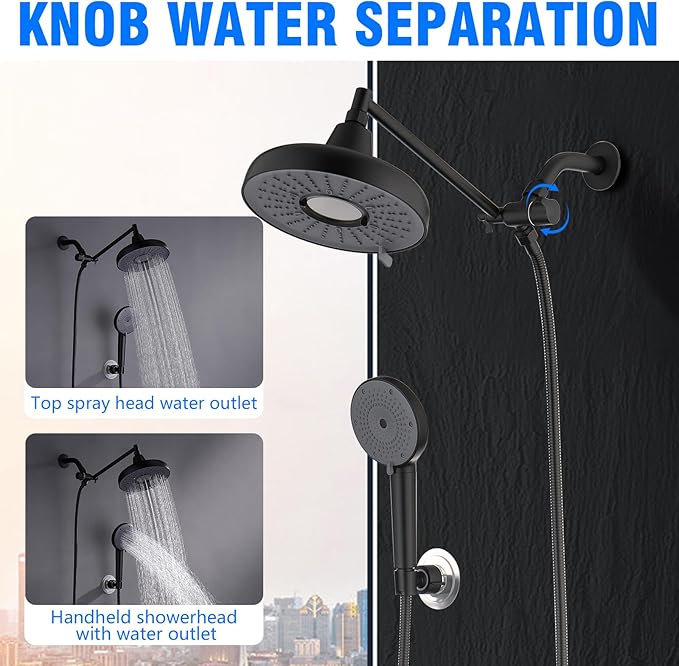 Dual Filtered Shower Head, 8 Inch 3 Spray Mode High Pressure Rainfall Showerhead with Handheld Combo, 10 Inch Adjustable Extension Arm and 60" Hose, Shower Head Filter for Hard Water, Black