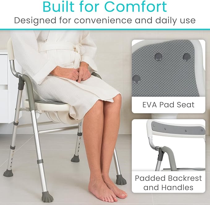 Vive Shower Chair for Elderly & Disabled - Handicap Bath Chair with Arms & U-Shape - Foldable, Adjustable Height - Padded Soaking w/Back & Drain Hole - Portable, Non-Slip, Safe Disability Aid
