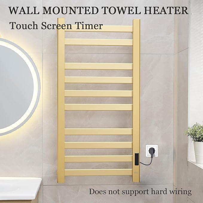 Verida Towel Warmer Rack, Heated Towel Rack for Bathroom, Wall-Mounted Plug (Not Hardwired), Aluminum Alloy, with Timer and Temperature Adjustment, Overheat Protection Function(Large Gold)