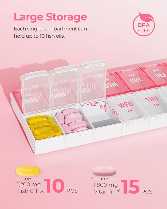 AMOOS Weekly Pill Organizer 2 Times a Day, Stylish Pill Box 7 Day AM PM with Large Compartments, Pill Case Easy to Use, BPA-Free Pill Container for Vitamins, Fish Oils, Supplements, Medicines, Pink