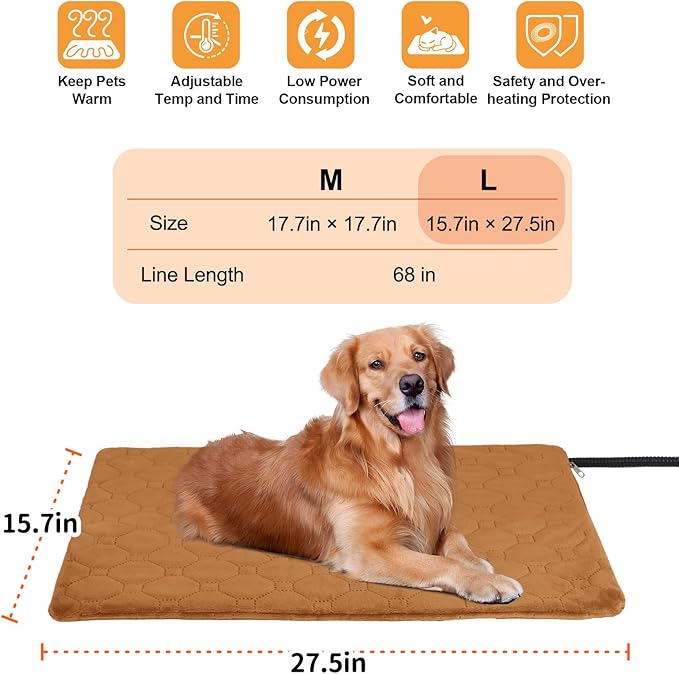 Pet Heating Pad for Cats & Dogs Indoor Outdoor, Warming Cat Heating Pad with Chew Resistant Cord, Adjustable Temperature and Time, Heated Pet Bed Mat Waterproof for Cats Dogs (Coffee, 15.7'' × 27.6'')