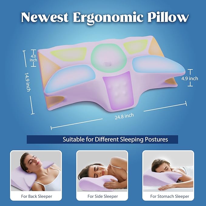 Cervical Pillow for Neck Pain Relief, Cooling Contour Memory Foam Pillows Support Odorless Ergonomic Neck Pillow Adjustable Orthopedic Bed Pillow for Side Back Stomach Sleeper with Pillowcase,Purple