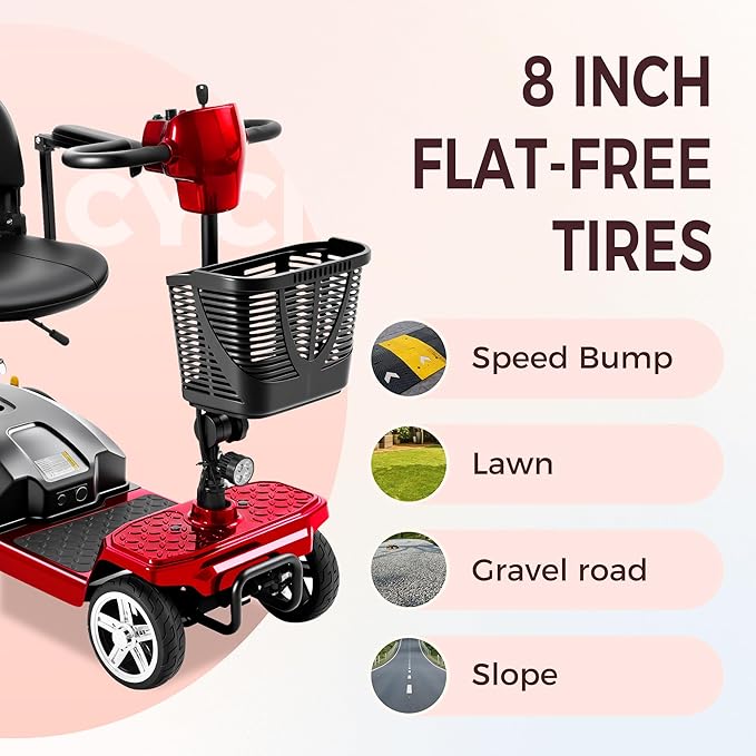 4 Wheel Mobility Scooter for Seniors & Adults 15 Mile Range, 6 MPH Powered Mobility Scooter with 300 lbs Capacity, Foldable Compact Mobility Scooter for Travel, Electric Wheelchair Red