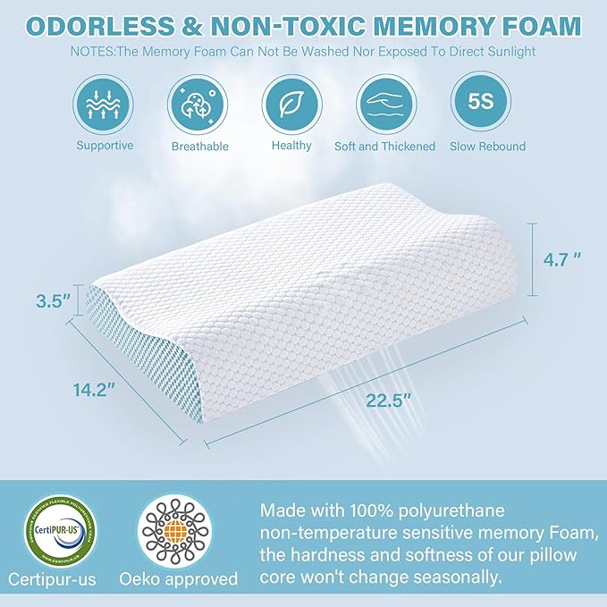 Cooling Pillows Queen Size Set of 2, Memory Foam Bed Pillows for Sleeping, Ergonomic Cervical Pillow for Neck and Shoulder Pain Relief, with Pillowcase,2 Pack