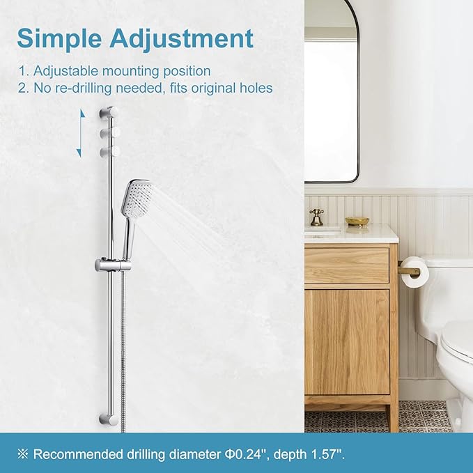 OFFO Shower Slide Bar Combo, Adjustable 39 in Slide Bar with 3-Mode Square Handheld Shower Head and 60 in Stainless Steel Hose, Screw Wall Mounted, Chrome Finish