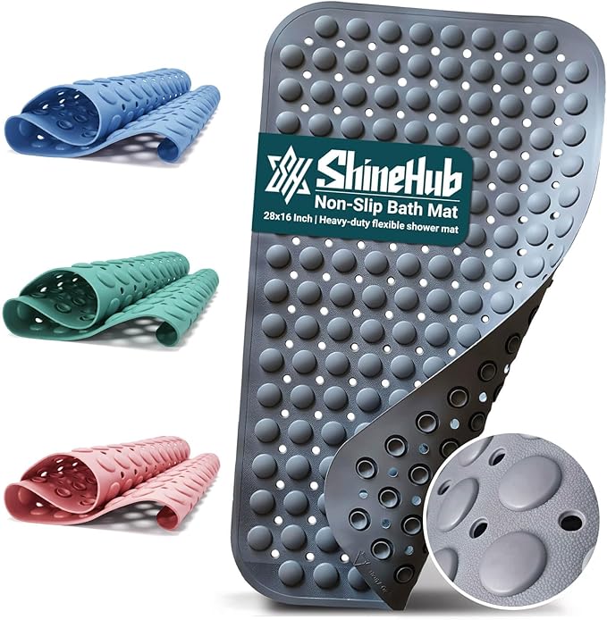 7mm Extra Thick TPE Bath Mat, Non-Slip Shower Mat for Bathroom and Tub, 28x16 Inch with Drainage Holes and Stability Grip, Machine Washable, Mist Pine Gray