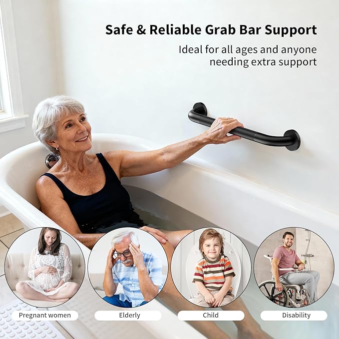 Shower Grab Bar 20 Inch, iHansee Matte Black Bathroom Grab Bar w/Anti-Slip Knurled Grip, Stainless Steel Bath Safety Bars Support Handrail for Senior Elderly, Toilet Bathtub Balance Handle for Wall