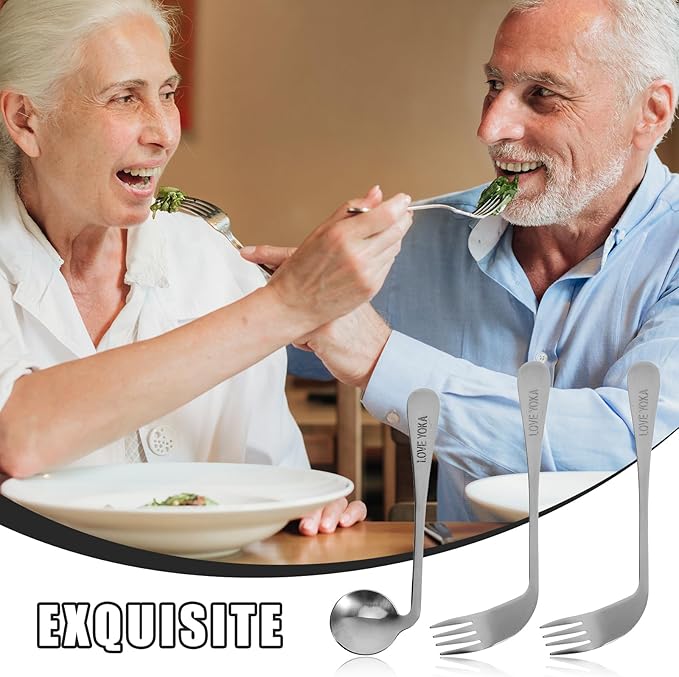 Left Handed Adaptive Utensils Set Stainless Steel Angled Fork and Spoon Easy Hold Offset Spoon Easy Offset Spork for Limited or Weak Grasp Elderly