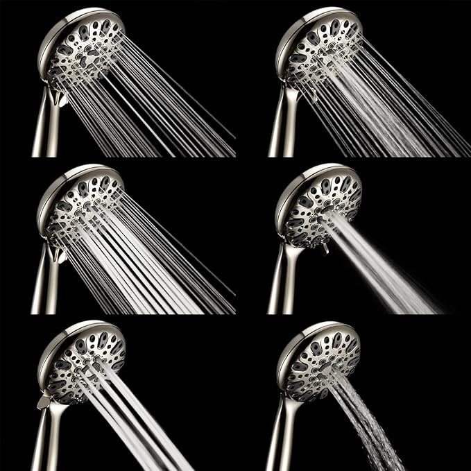 Handheld Shower Head, 6 Spray Setting High Pressure Shower Head with Brass Swivel Ball Bracket and Extra Long Stainless Steel Hose, Brushed Nickel, 5", 1.8 GPM for California
