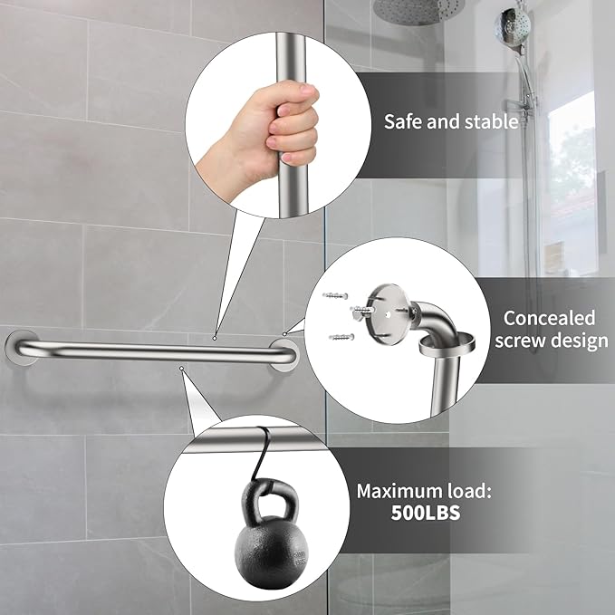 2 Pack 24 Inch Shower Grab Bar, ZUEXT Satin Brushed Nickel Stainless Steel Bathroom Grab Bar, Shower Balance Bar,Safety Hand Rail Support,Handicap Elderly Senior Assist Bath Handle(1.25" Diameter)