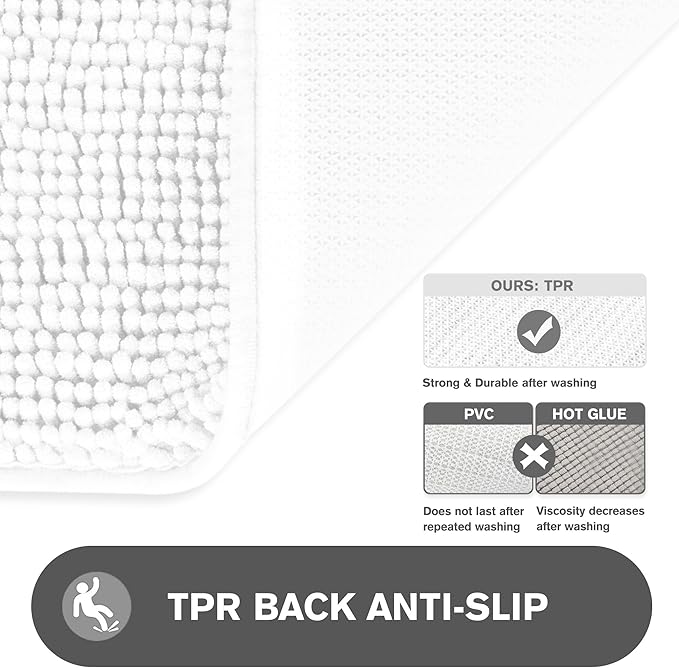 White Bathroom Rugs – Absorbent and Washable Bath Mat, Non-Slip, Thick Soft Chenille Bath Rugs for Bathroom Floor, Shower, Sink - 20" x 32"