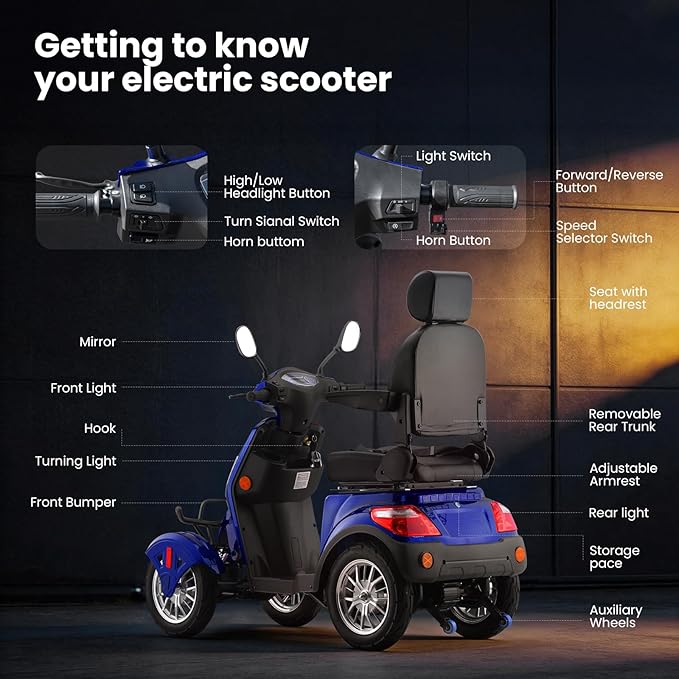 Super Large Electric 4 Wheel Mobility Scooters, Heavy Duty 800W Wheelchair Device, 25 Miles Long Range, All Terrain Mobility Scooter，Speed Adjust, Remote Key,Receive Ready to Ride (Blue)