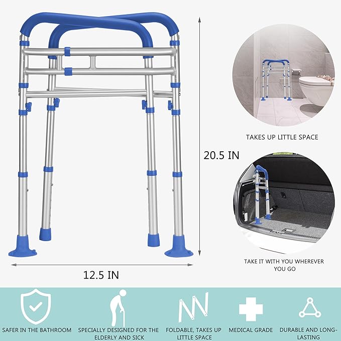 Lianjindun Toilet Safety Rails, Adjustable Toilet Frame for Elderly, Seniors, Handicap & Disabled, Foldable Handicap Toilet Handles Fit Any Toilets（Dark Blue）