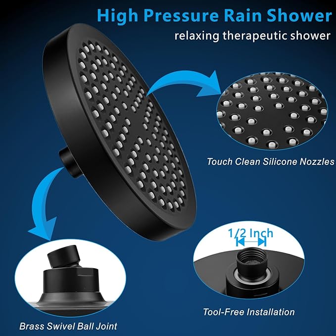 Voolan High Pressure Rain Shower Head with Handheld Spray Combo, Hand Held Filter Showerhead with Self-adhesive Holder and 59" Hose ((Round, Matte Black)