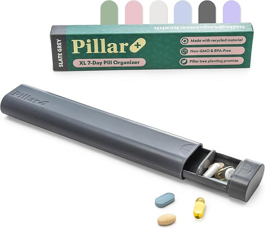 Pillar Plus - Aesthetic 7 XL Day Pill Organizer | BPA-Free Wheat Straw Medicine Case | Pretty Travel & Home Tablet Vitamin Organizer | Cute Weekly Pill Box | Travel Medicine Organizer (Slate Grey)