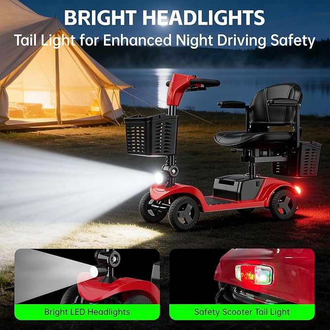 Mobility Scooter for Seniors,Motorized Scooter,Electric Scooter for Adults 300 lbs,Detachable Battery,Dual Baskets and Rear Tail Lights(Red)