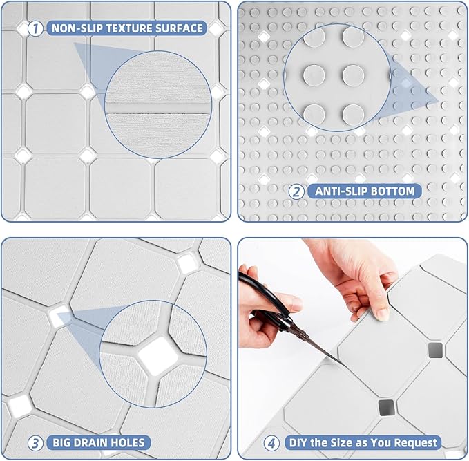 Shower Mat Non Slip 21"x21" Silicone Foldable Bath Mat with Suction Cups & Drain Holes, Odorless, Eco-Friendly & Durable, Machine Washable Shower Stall Mat for Adults, Seniors White