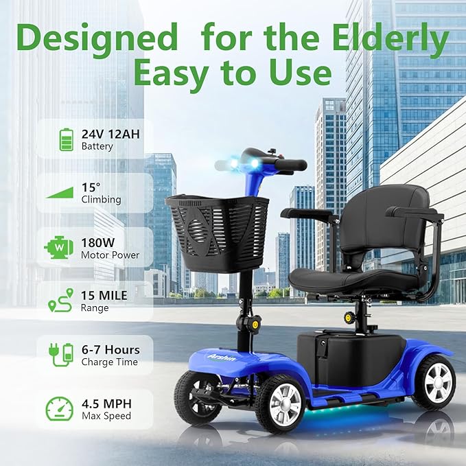 Mobility Scooter for Adults, Senior, 4 Wheels Electric Powered Chargeable Device for Travel, Lightweight Mobility Scooter, with LED Headlights and Basket, Charger Included