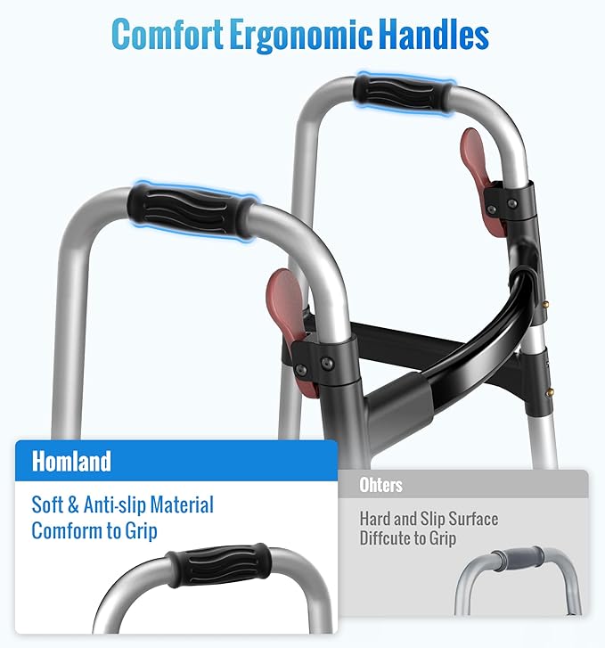 HOMLAND Walkers for Seniors, One-Hand Folding, 8 Height Adjustments, Walkers with Wheels, 2 Skis and 5" Wheels, Lightweight Walker for Seniors, Standard Walkers for Seniors, Aluminum Frame, Silver