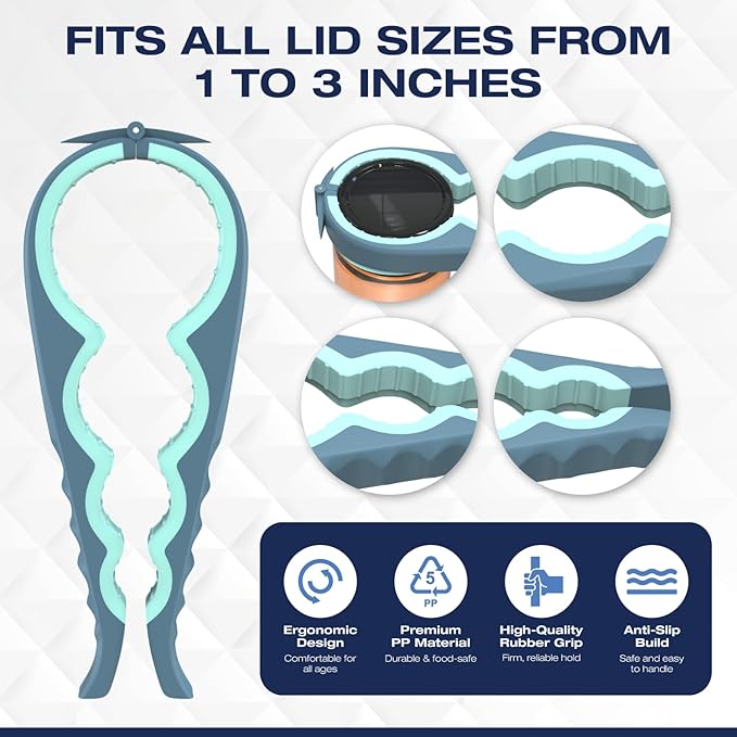 Jar Opener for Weak Hands with Firm Jar Gripper Pads and 2 Non Slip Grip Mats, Multifunction Kitchen Tool Set for Seniors, Easy Lid and Cap Removal (Blue)