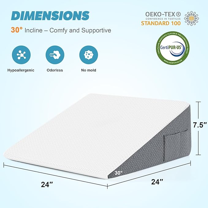 Yojoker Wedge Pillow for Sleeping - 7.5 Inch Triangle Pillow Wedge, Memory Foam Bed Wedge Pillow for Headboard, Sleep Wedges for Snoring, Acid Reflux, Post Surgery Back Pain Relief, Washable Cover