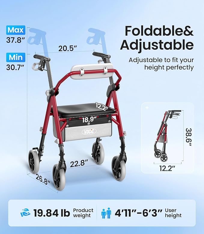 VOCIC Walkers for Seniors, Z11 Rollator Walker with Seat, Max 380 lbs, Avant Walkers with Ergo Seat & Backrest, Foldable Rollator Adjustable Height, All Terrain Walker, Lightweight