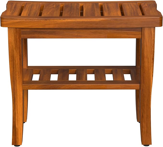 Teak Wood Shower Bench Stool with Storage Shelf, Wooden Waterproof Bathroom Spa Bathing Teak Shower Stool with Non-Slip Feet Gadget 2024 for Indoor or Outdoor Shower Chair Seat Organizer