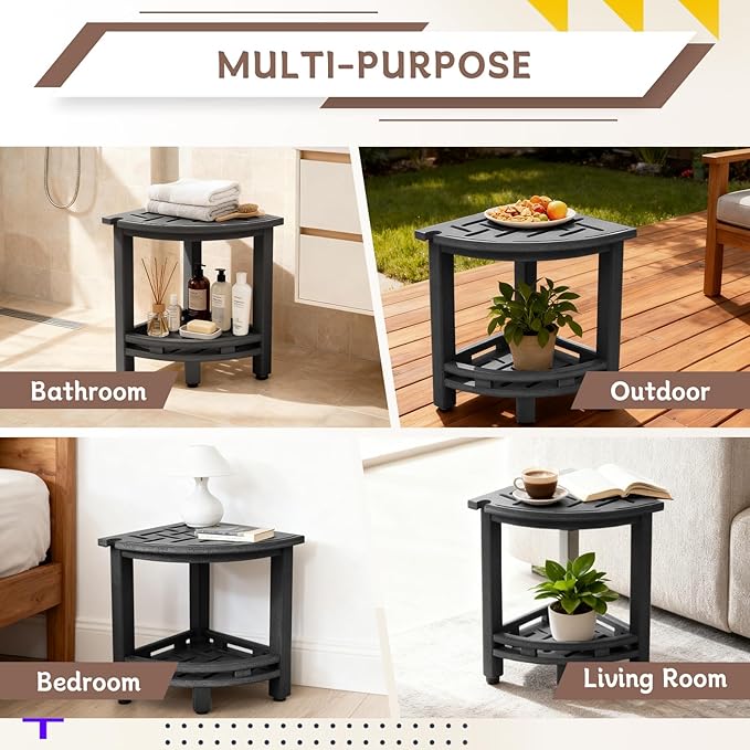 KALUMOON Corner Shower Stool, HDPE Waterproof Shower Bench for Inside Shower, Small Shower Chair Seat for Shaving Legs with Storage Shelf, Shower Head Holder, Adjustable Feet (Black)