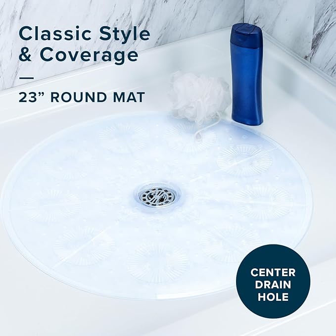 SlipX Solutions Power Grip Round Vinyl Standard Shower Stall Mat, 23” Round, Non-Slip for Elderly & Kids Bathroom, Essential Coverage, Drainage, 160 Suction Cups, Retro Style (1, Clear)