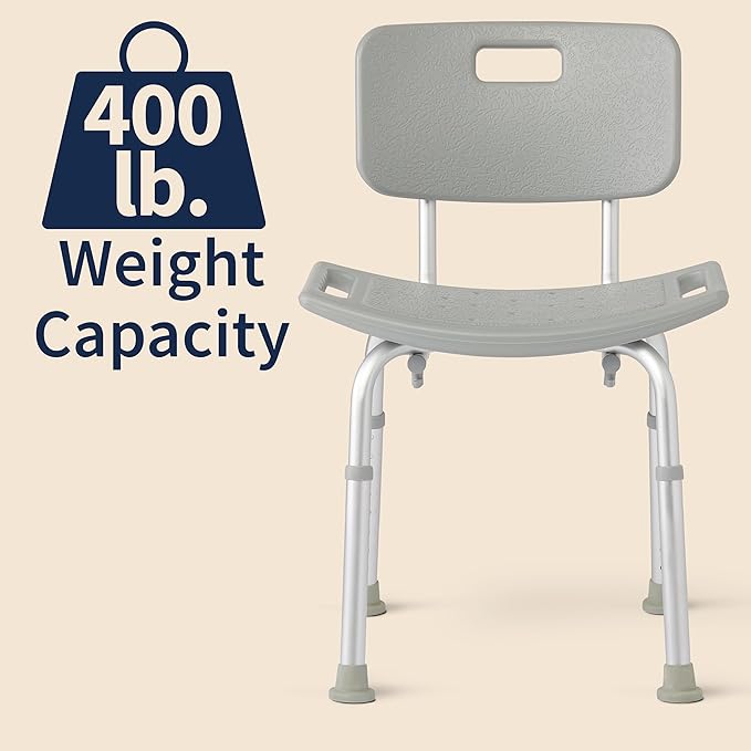 Dr. Dunley Bath Chair for Seniors, Shower Seat with Back, Suction Feet, Non-Slip Adjustable Height Shower Bench for Elderly, Disabled, 400 lb Weight Capacity, Gray Bathroom Stool for Tub or Shower