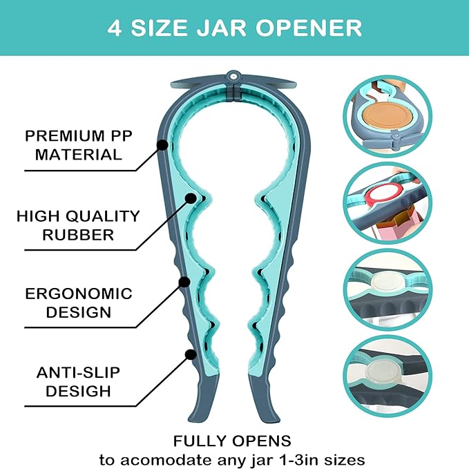 Jar Opener for Weak Hands, Seniors with Arthritis, 3 in 1 Multi Function Bottle Opener Lid Opener For Arthritic Hands with Non Slip Rubber Jar opener Gripper Pad (Blue)