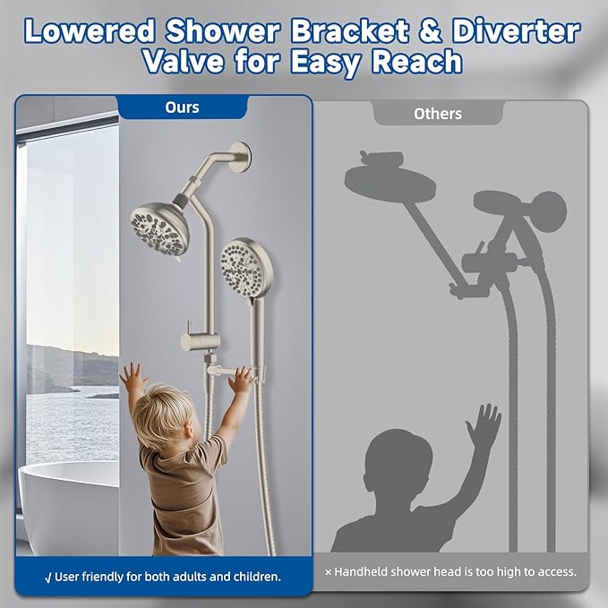 All Metal Dual Shower Head Easy Reach, High Pressure 10-Spray Handheld & Rainfall Shower Head Combo with Shower Extension Arm, 71" Hose, 3-way Diverter, Brass Shower Bracket, Brushed Nickel