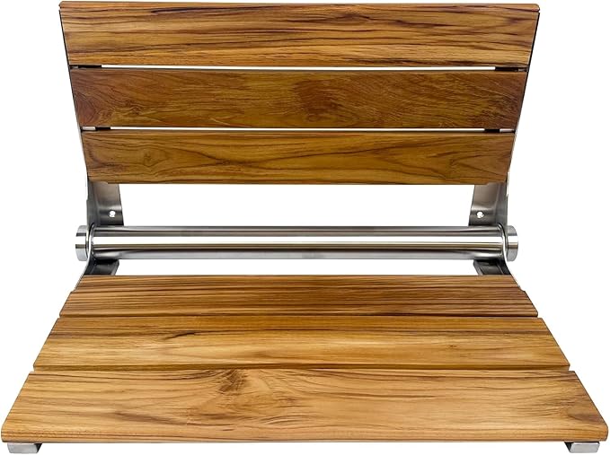 Teak Shower Seat Bench with Back - Wall Mounted Fold Up Shower Seat, Waterproof Folding Teak Bath Chair for Seniors, 304 Stainless Steel, with 300 lbs Capacity - 18" Length, Brushed Stainless Finish