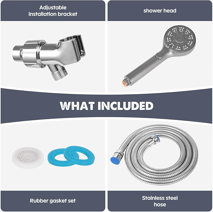 Shower Head with Handheld, High Pressure 5 Modes Water Saving Handheld Shower Head, One Button Water Stop, with 6-inch Extra Long Stainless Steel Hose and Adjustable Mounting Holder, Silver
