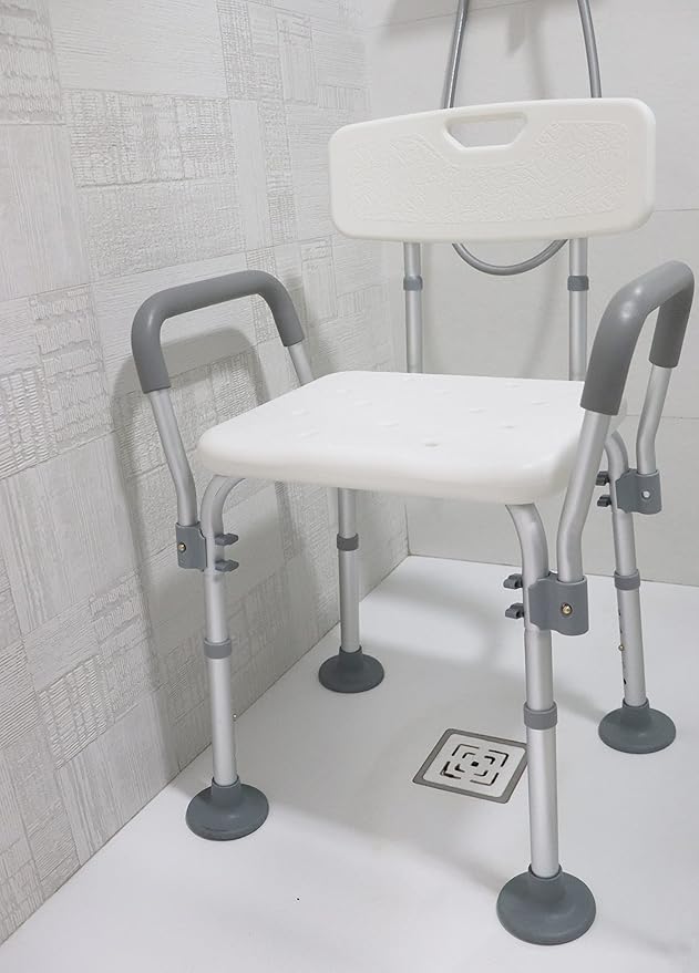 PEPE Mobility Shower Chair to Sit on in Shower, Height Adjustable with Non-Slip Tips, Removable Armrests, Tool-Free Assembly, White, Safety Bath Seat
