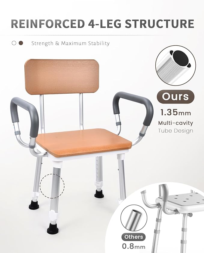 Sangohe Shower Chair for Inside Shower, Heavy Duty Shower Seat for Elderly and Disabled, 400 lbs, Wooden Seat Board and Back, Height Adjustable, 796D-A