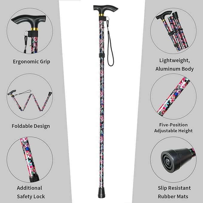 Folding Cane, 5-Level Adjustable Height Lightweight Portable Foldable Walking Canes with Wrist Strap and T Handle for Men Women Seniors