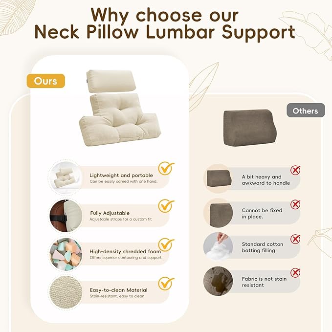 Neck Pillow Lumbar Support for Recliner, Soft and Fluffy Back Support Cushion for Chair with Adjustable Headrest Pillow, Back Rest Pillow for Office Chairs, Recliners, Couch, Sofa Pain Relief, Beige