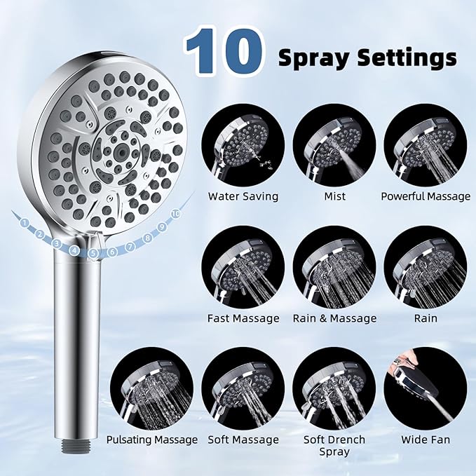 12” All Metal Rain Shower Head, High Pressure Rainfall Shower Head with Handheld Spray Combo, 5” Handheld Spray Powerful Clean 10-Mode, 16" Shower Extension Arm, 71" Hose, 3-Way Diverter, Chrome