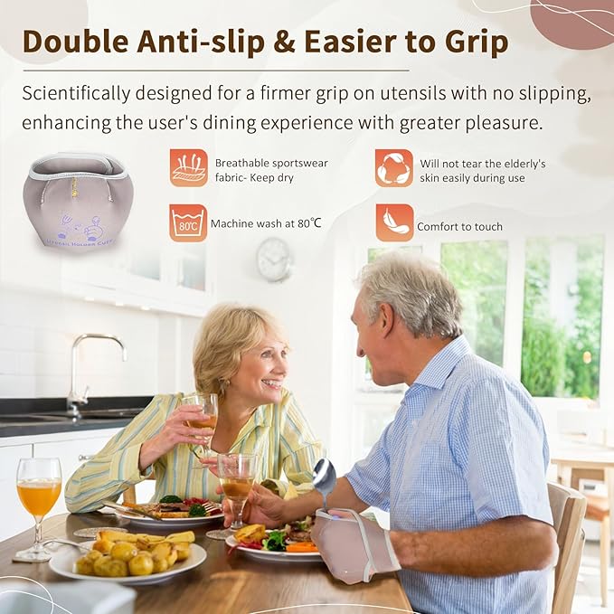 Adaptive Utensils with Universal Elastic Utensil Holder Cuff Set,Eating Utensils Easy Grip for Hand Tremors,Parkinsons or Disabled (Purple, Left Fork and Spoon and a Universal Cuff Set)