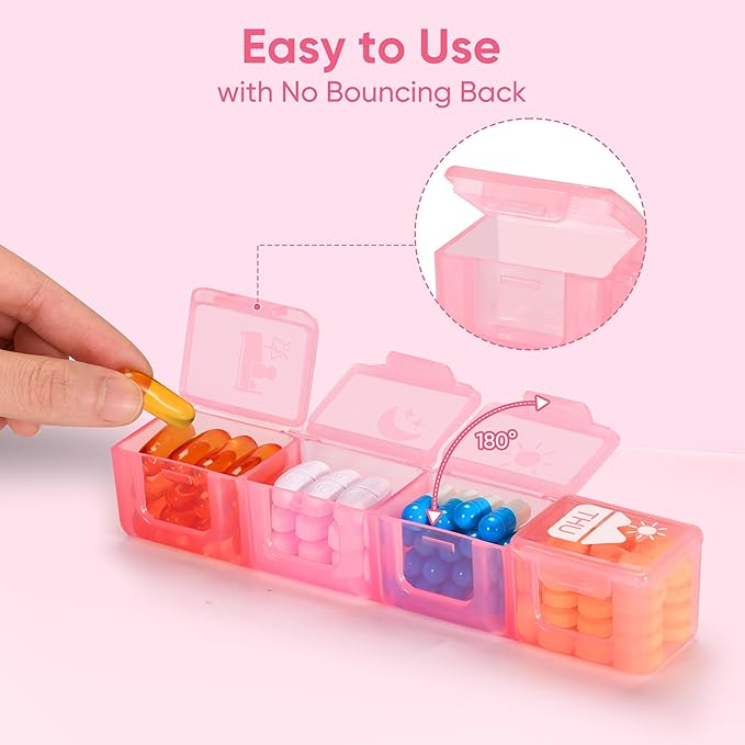 Fullicon Extra Large Weekly Pill Organizer 4 Times a Day, XL Large Pill Box, 7 Day Medicine Organizer, Pill case for Vitamin/Fish Oil/Supplements (Pink)