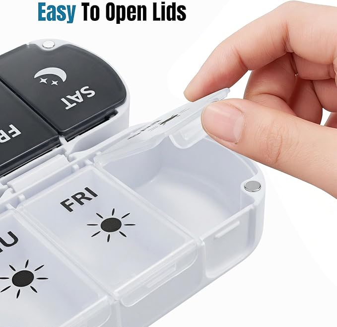 Weekly Pill Organizer 2 Times a Day, Magnetic Foldable AM PM Pill Box with Dual Protection, Large Travel Medication Case for Vitamins, Fish Oils, Supplements (Black & White)