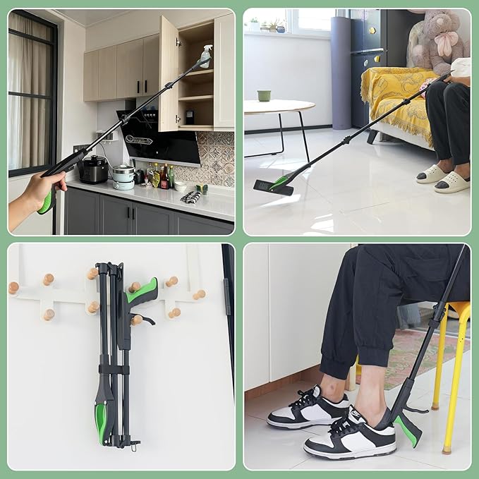 51" Heavy Duty Grabber Reacher Tool for Seniors/Disabled/After Surgery Recovery, Extra Long Foldable Reach Grabber with Shoehorn & 360°Rotating Anti-Slip Claw & Magnetic Tip, Black&Green