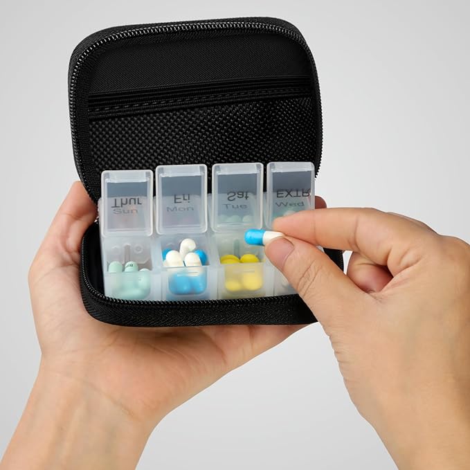 2 Packs Weekly Travel Pill Organizer for Purse with Removable 7 Day Pill Box Premium Neoprene Pill Container for Travel Purse Accessory, Vitamin, Supplement, Small Pieces Arrangement-Black and Cream