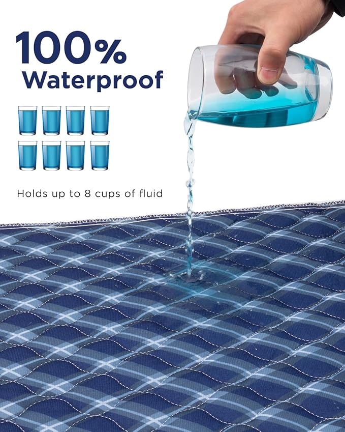 Non-Slip Bed Pads for Incontinence Washable (34" x 36"|4 Pack), Waterproof Bed Pads, Navy Blue Grid, Bed Wetting Pads for Bed, Sofa, Floor, Resuable Underpads for Adults, Seniors, Pet