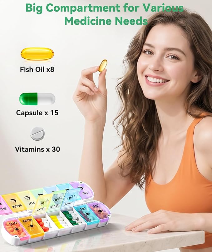 Foldable Weekly Pill Organizer 2 Times a Day - Magnetic Moisture-Proof 7 Day Pill Box AM PM, Portable Travel Medicine Organizer with Removable Lids for Vitamins, Supplements and Fish Oils